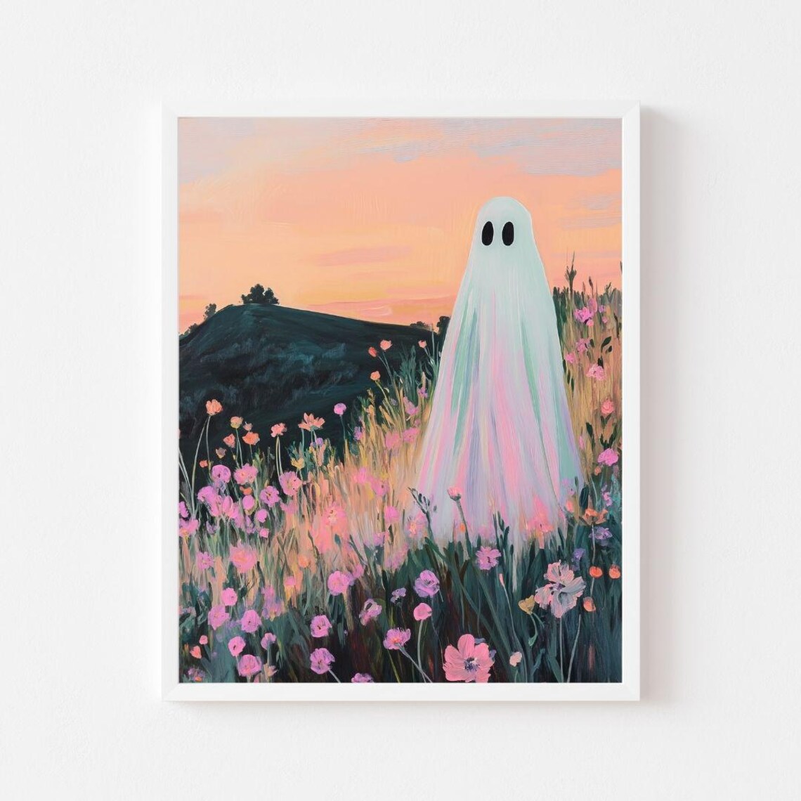 Ghost in a Pink Meadow, Spooky Cute Halloween Art Print