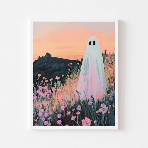 Ghost in a Pink Meadow, Spooky Cute Halloween Art Print
