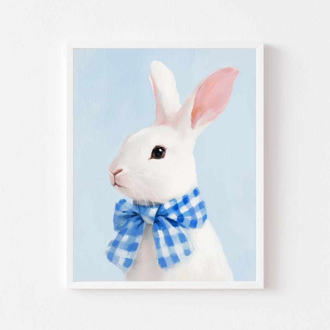 White Bunny With Blue Gingham Bow Pastel Rabbit Portrait Wall Poster