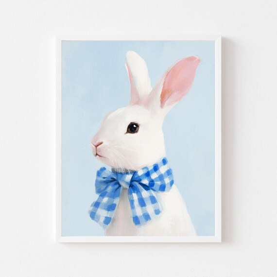White Bunny With Blue Gingham Bow Pastel Rabbit Portrait Wall Poster