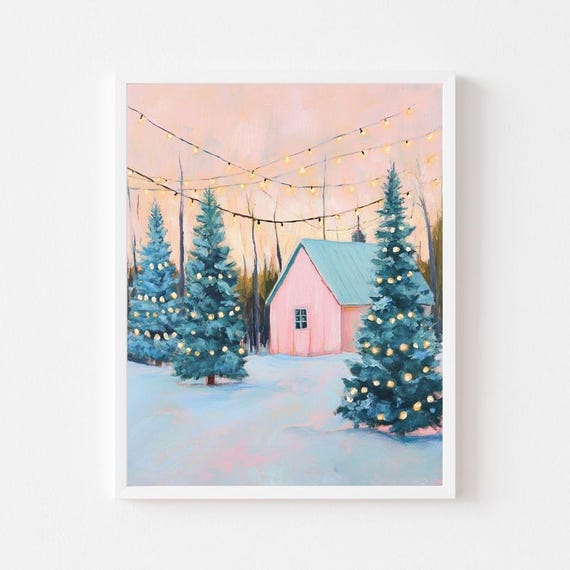 Pink Christmas Tree Farm, Pastel Winter Art Print