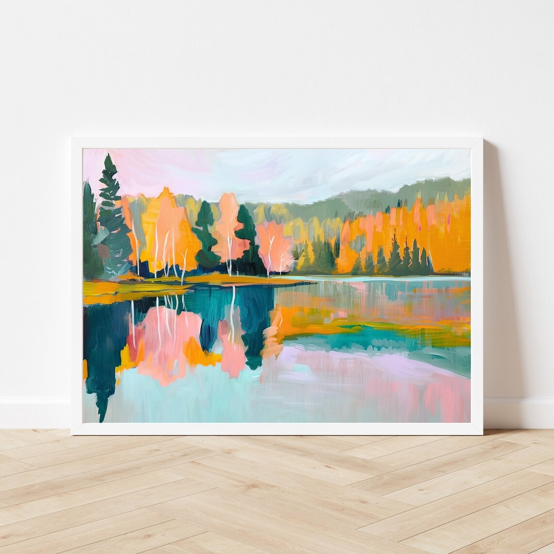Vibrant Autumn Forest Lake Reflections Landscape Painting Poster - Image 3