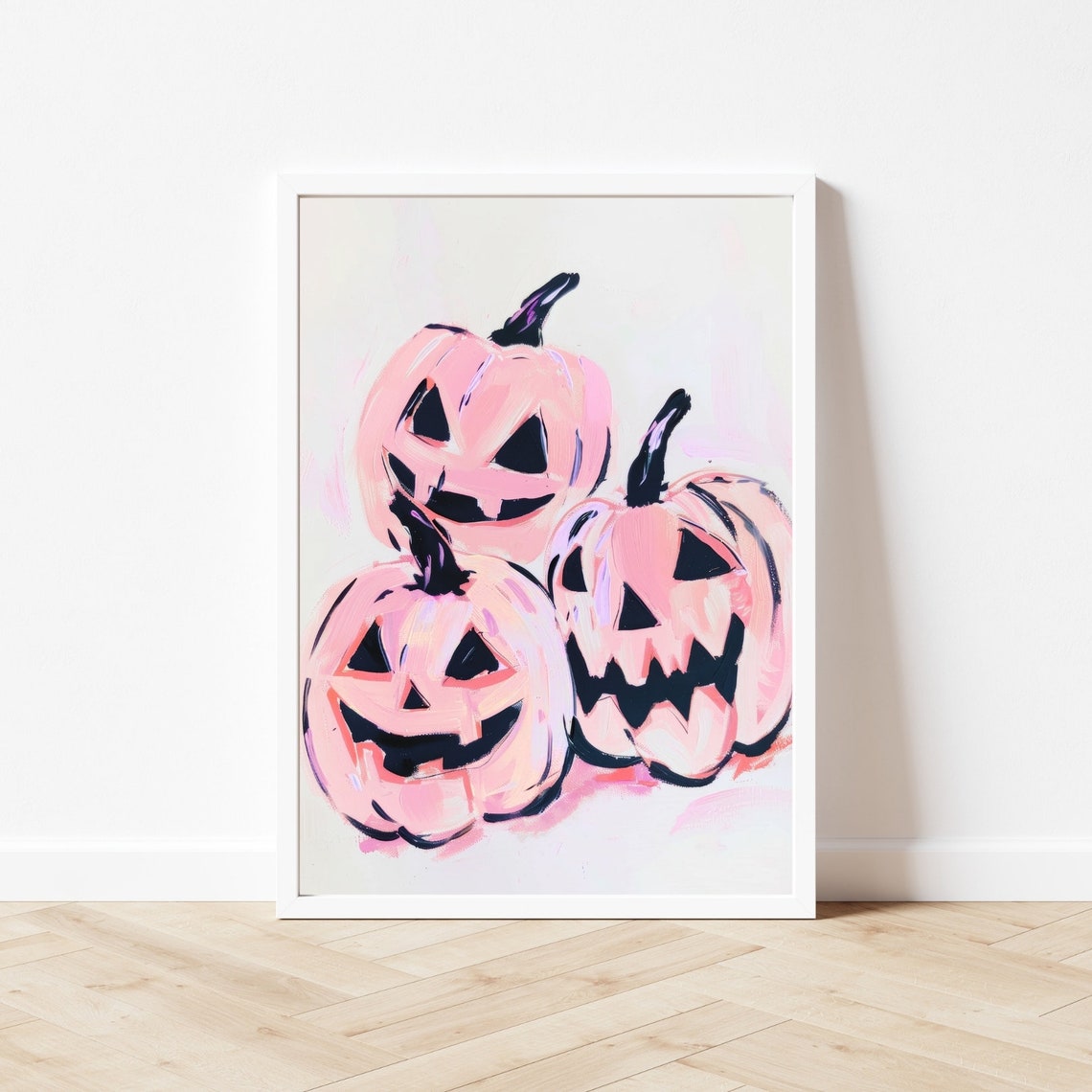 Three Pink Jack-O-Lantern Pumpkins Cute Halloween Decor Poster - Image 3