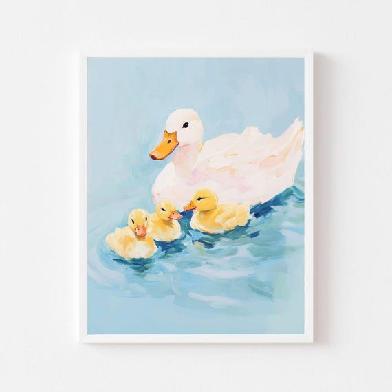 Mama Duck and Ducklings Swimming Watercolor Art Print