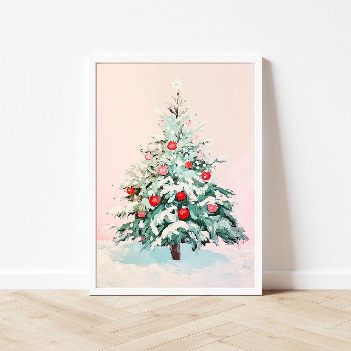 Snowy Christmas Tree Red Ornaments Winter Wonderland Holiday Poster - Image 3