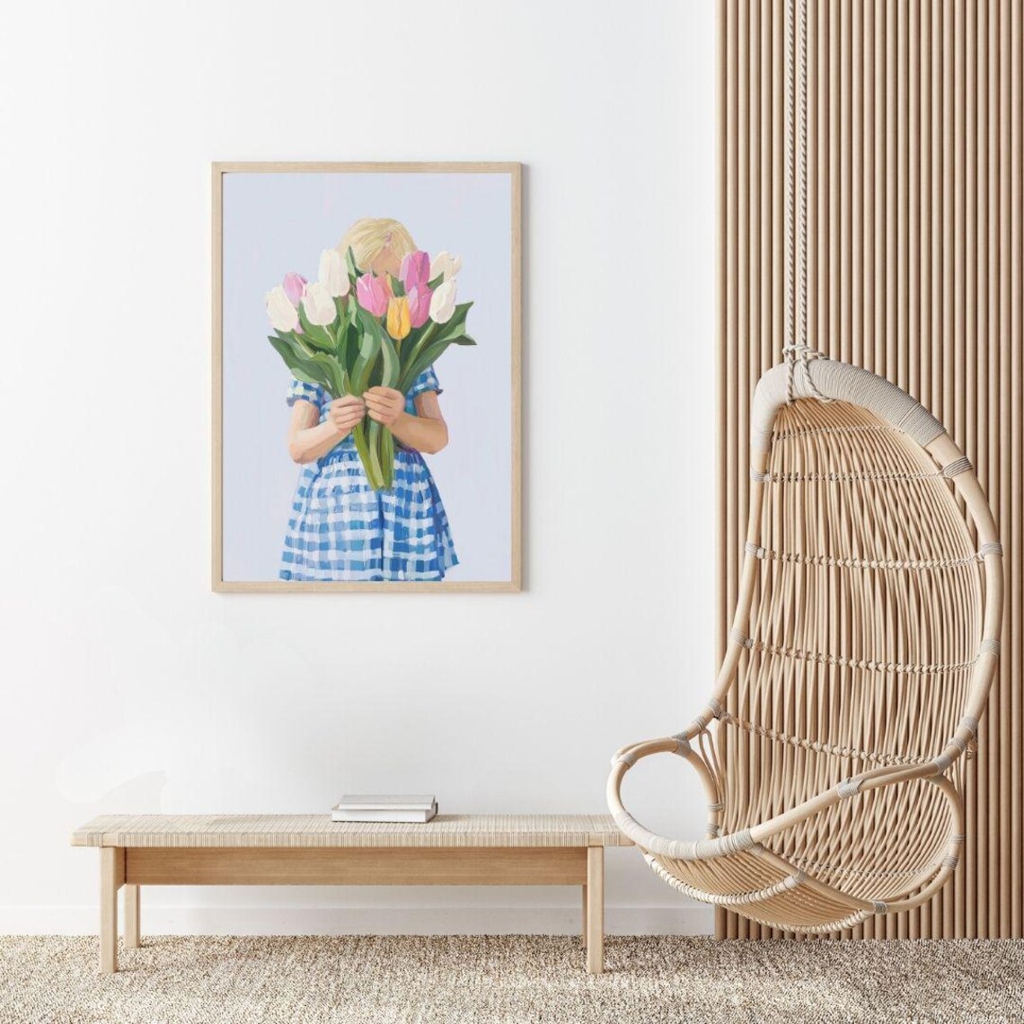 Blonde Girl Holding Tulip Bouquet Hiding Face Spring Painting Poster - Image 2