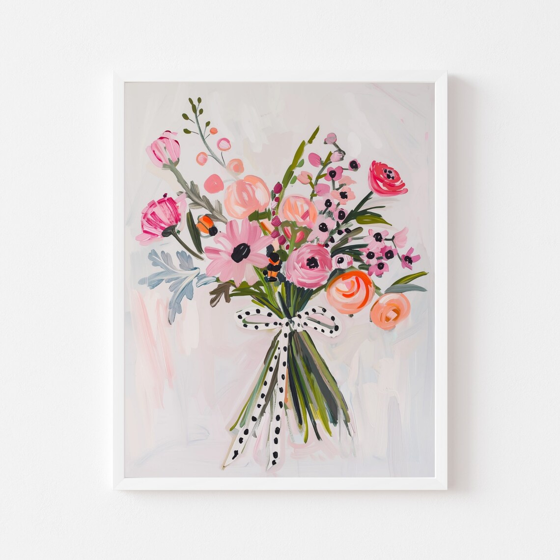 Pink Wildflower Bouquet Polka Dot Ribbon Whimsical Floral Art Poster