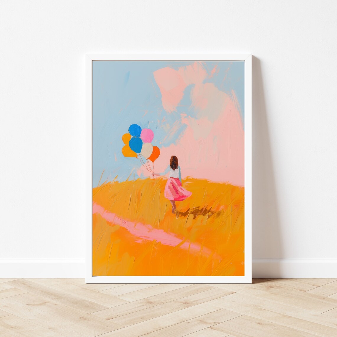 Girl Holding Colorful Balloons Walking A Golden Wheat Field Poster - Image 3