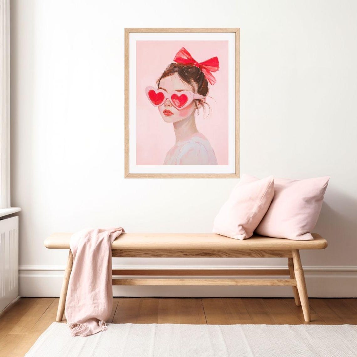 Girl With Heart Sunglasses Painting Valentines Day Wall Art Print Pink Girls Room Preppy Red Bow Portrait - Image 2
