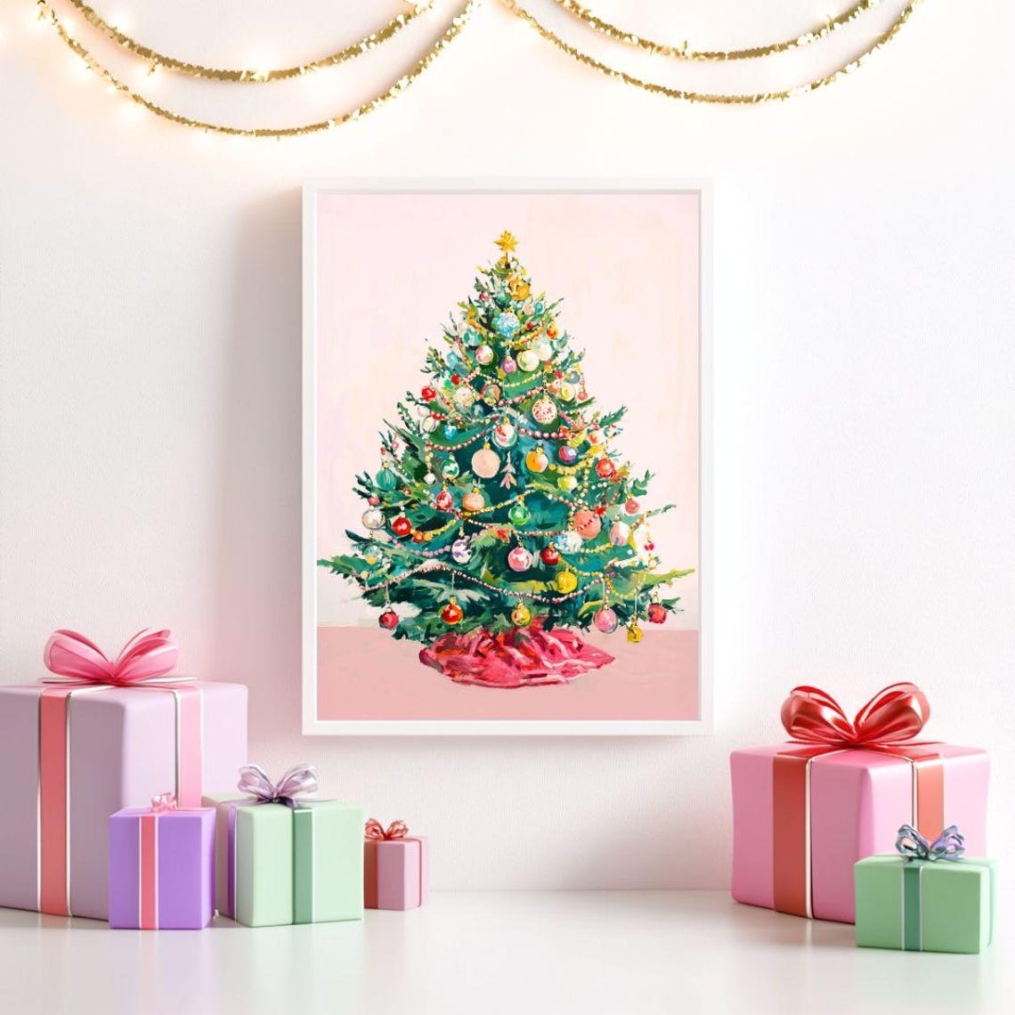 Colorful Decorated Christmas Tree Star Topper Pink Tree Skirt Poster - Image 2
