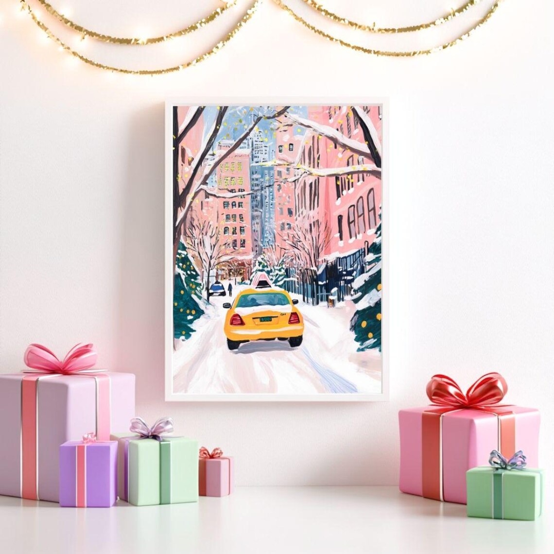 Bright Yellow NYC Taxi Cab On A Snowy Christmas Street Poster - Image 2