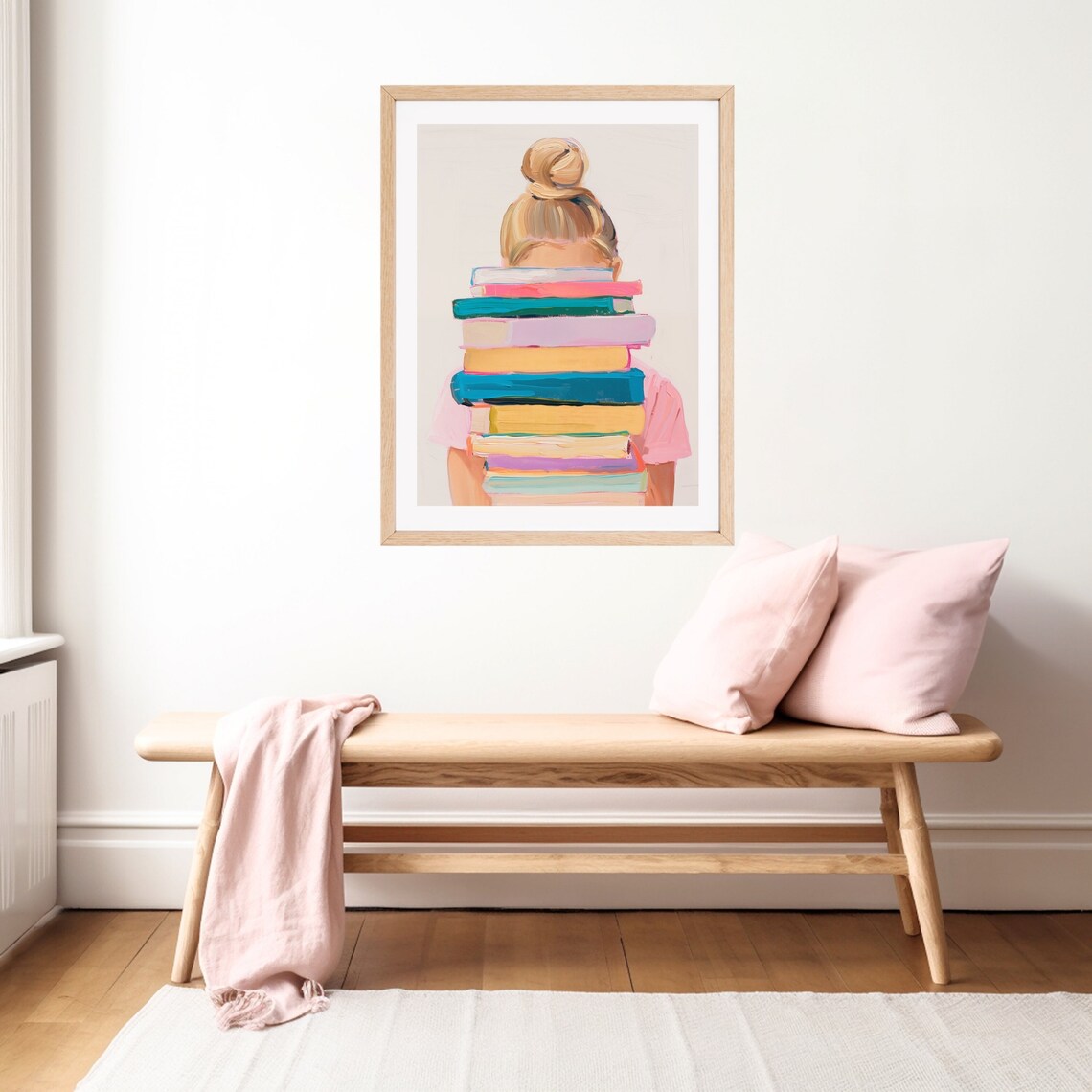 Blonde Girl With Books, Watercolor Library Art Print - Image 3