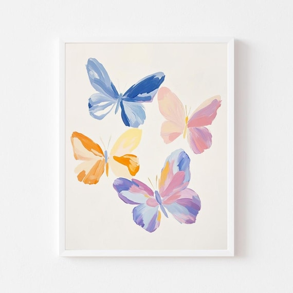 Pastel Butterflies Watercolor Art Print, Kids Room