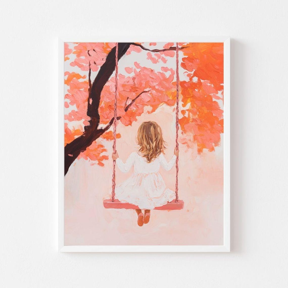 Little Girl On A Tree Swing Under Pink Blossom Canopy Art Poster