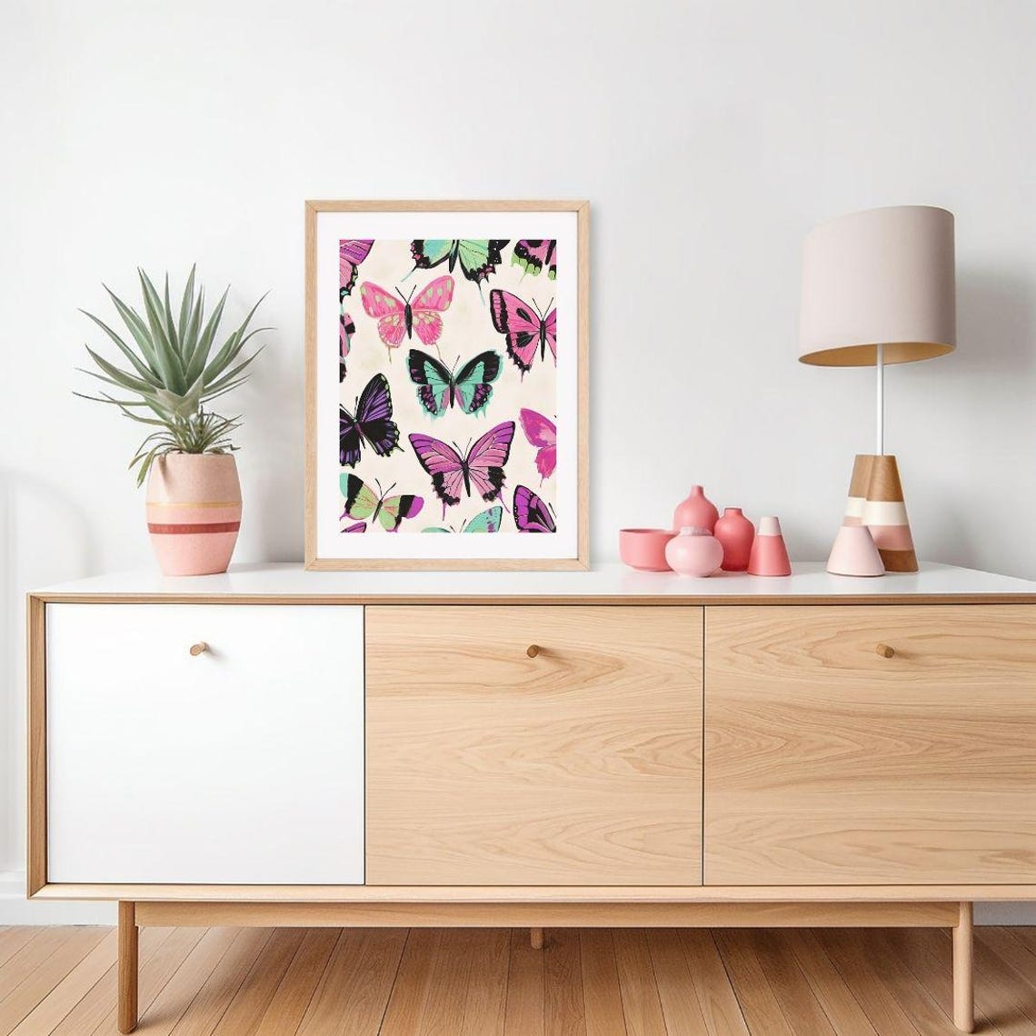 Colorful Butterfly Pattern Painting Vibrant Insect Wall Art Print Neon Bug Pink Purple Green Girls Room - Image 2