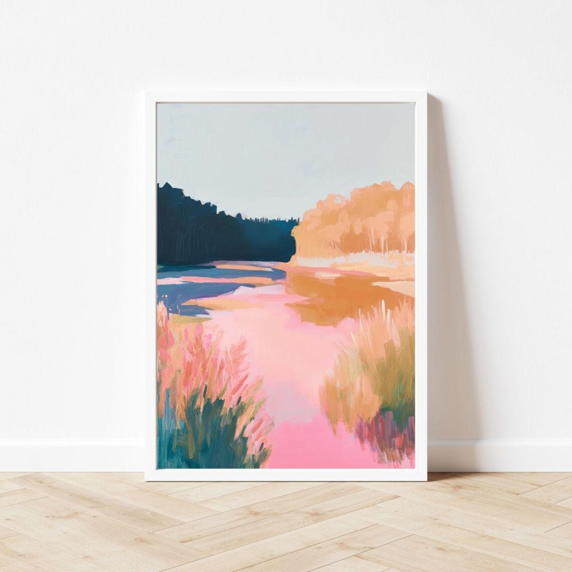 Pink Sunset Marsh Lake with Golden Reeds Autumn Landscape Poster - Image 3