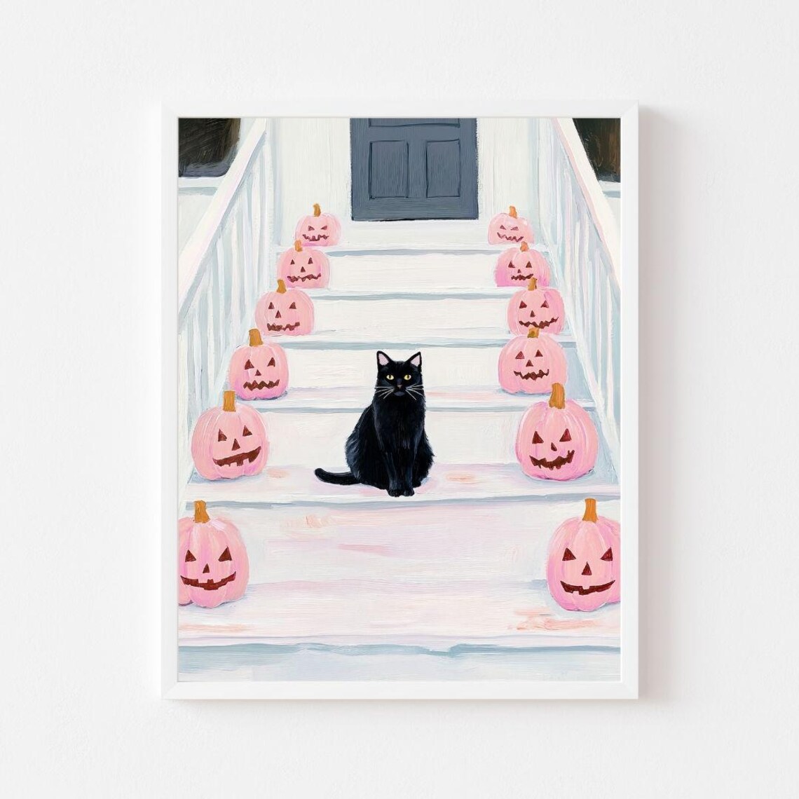 Black Cat And Pink Jack-O'-Lanterns Halloween Art Print
