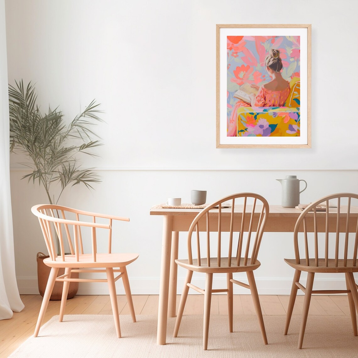 Blonde Woman Reading, Neon Pastel Boho Floral Art Print - Image 3