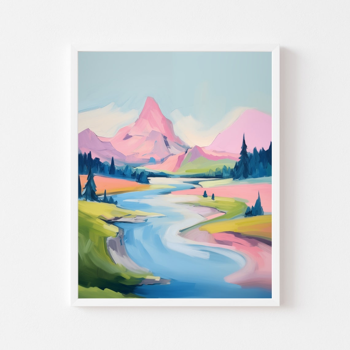 Colorful Abstract Mountain Painting Pink Landscape Watercolor Art Print Spring Impressionist Vibrant River
