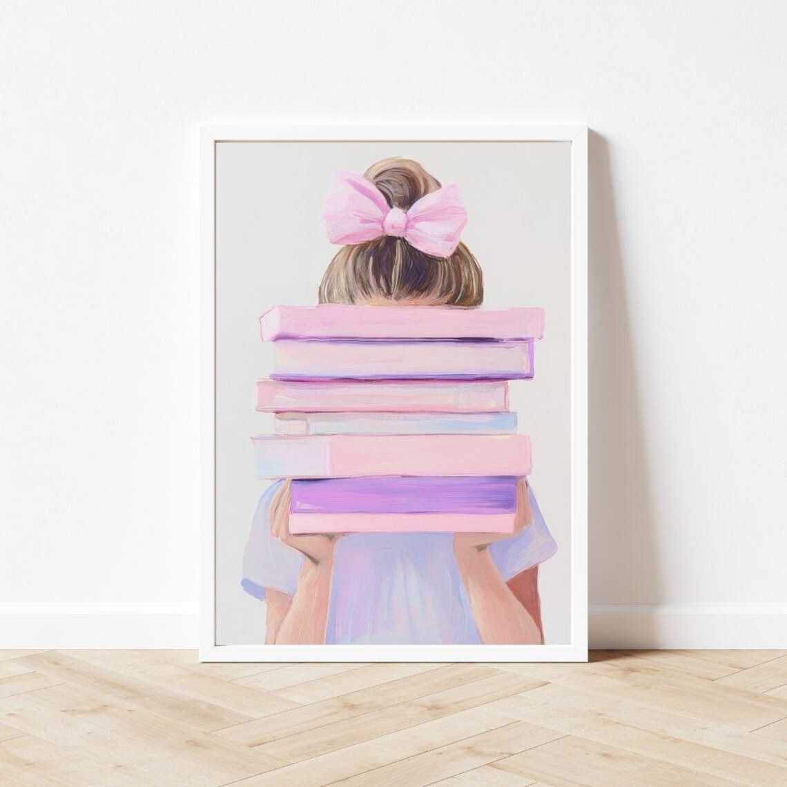 Girl Holding Pink Book Stack Art Print, Pastel Reading Nook - Image 3