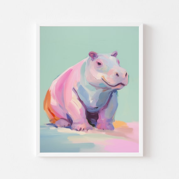 Hippo Painting Print, Vintage Maximalist Nursery Art