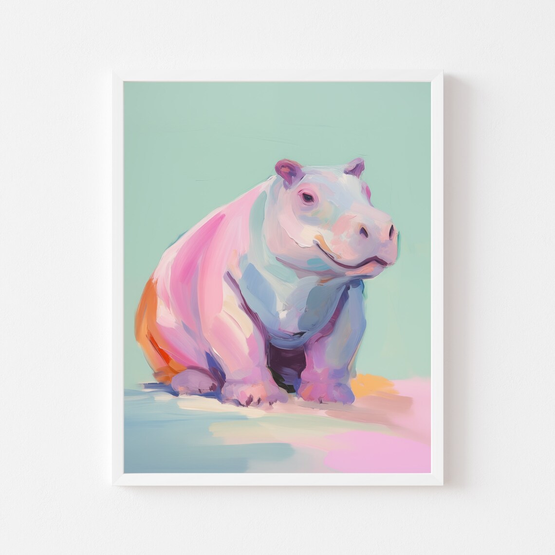 Hippo Painting Print, Vintage Maximalist Nursery Art
