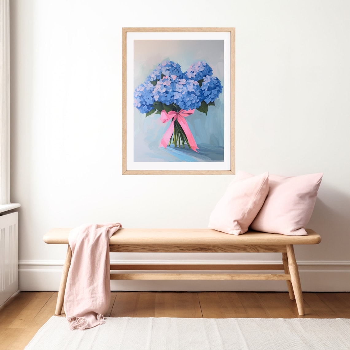 Blue Hydrangea Floral Painting Art Print, Grandmillennial Bow - Image 2