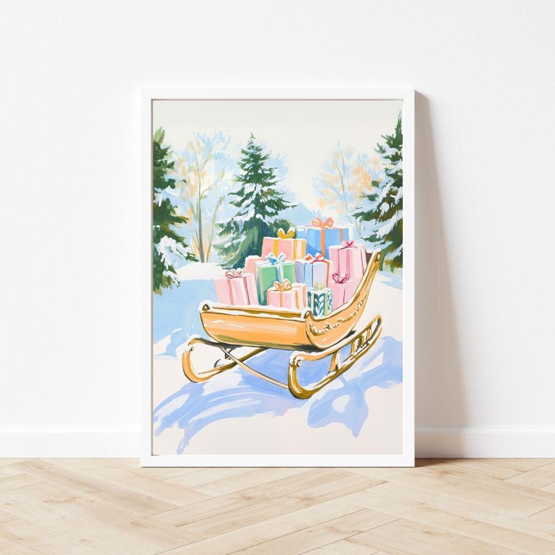 Golden Sleigh Full of Pastel Wrapped Gifts Christmas Radiant Poster - Image 3