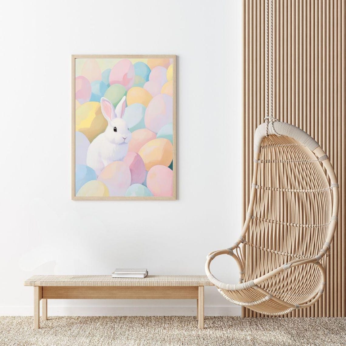 Cute White Bunny Among Pastel Easter Eggs Spring Painting Poster - Image 2