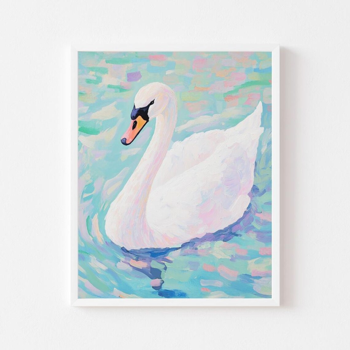White Swan Gliding on Pastel Water in Colorful Painting Poster