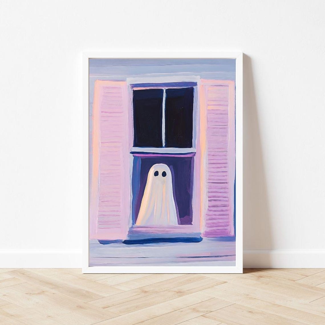 Cute Ghost Peeking Out Of A Pink Shuttered Window Art Poster - Image 3