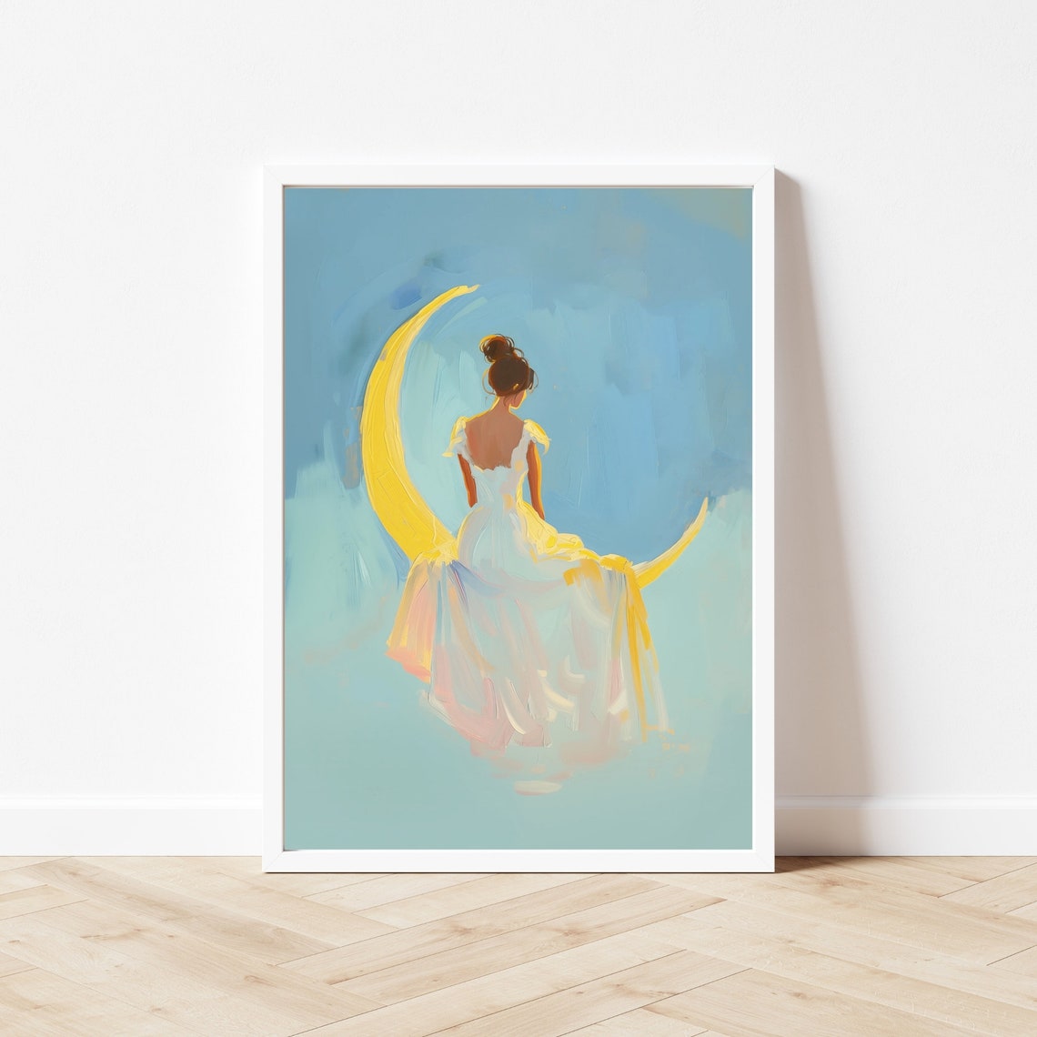 Woman On The Moon Painting Magical Crescent Moon Wall Art Print Whimsical Brunette Girl Celestial Poster