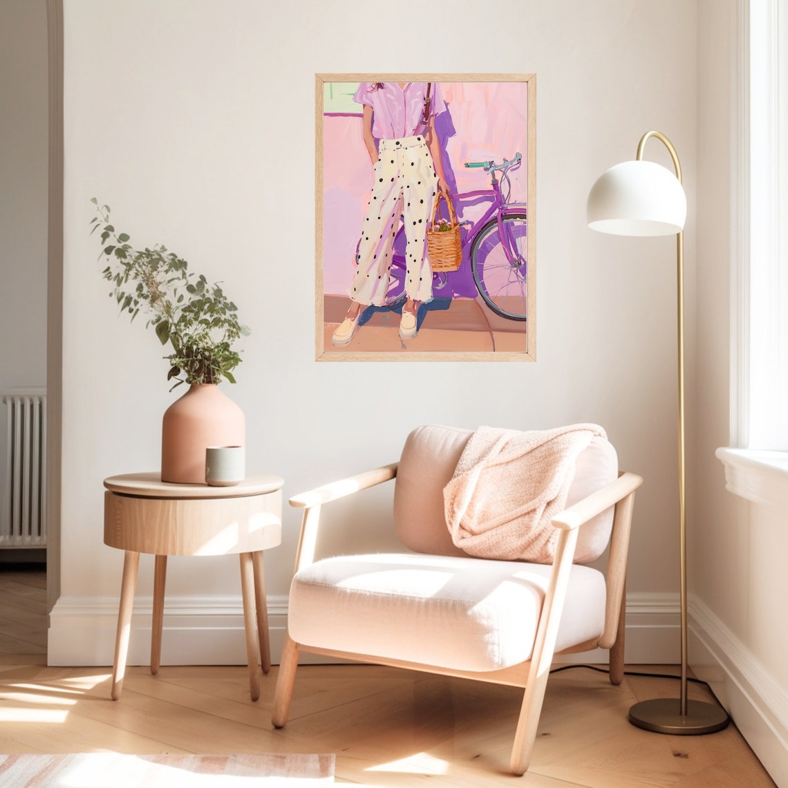 Retro Woman In Polka Dots With Bike Painting Spring Fashion Wall Art Print Colorful Pastel Girly Pink - Image 2