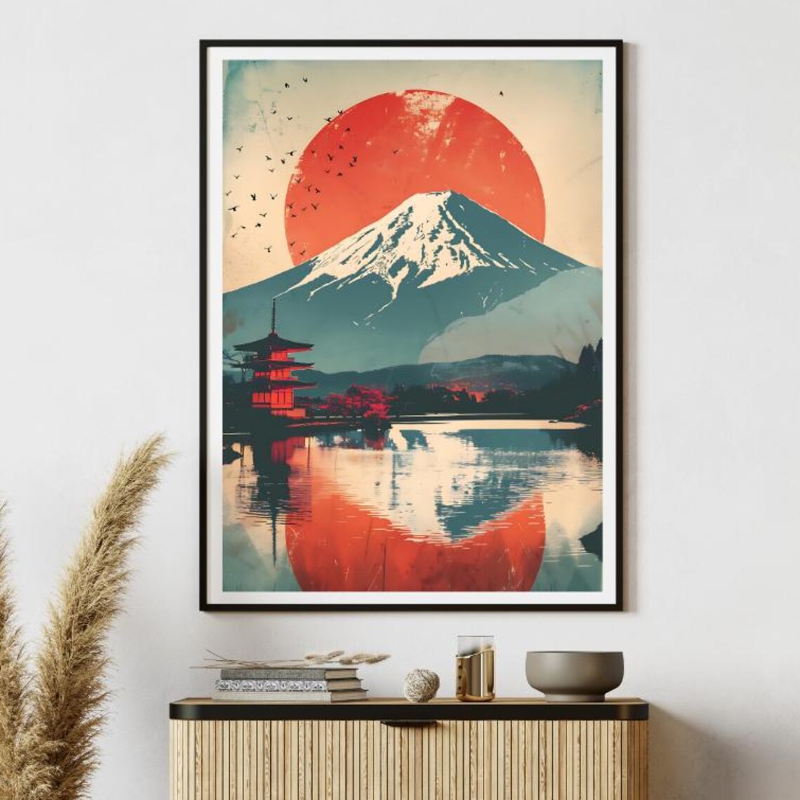 Mount Fuji Red Sun Vintage Japanese Art Pagoda Lake Reflection Poster