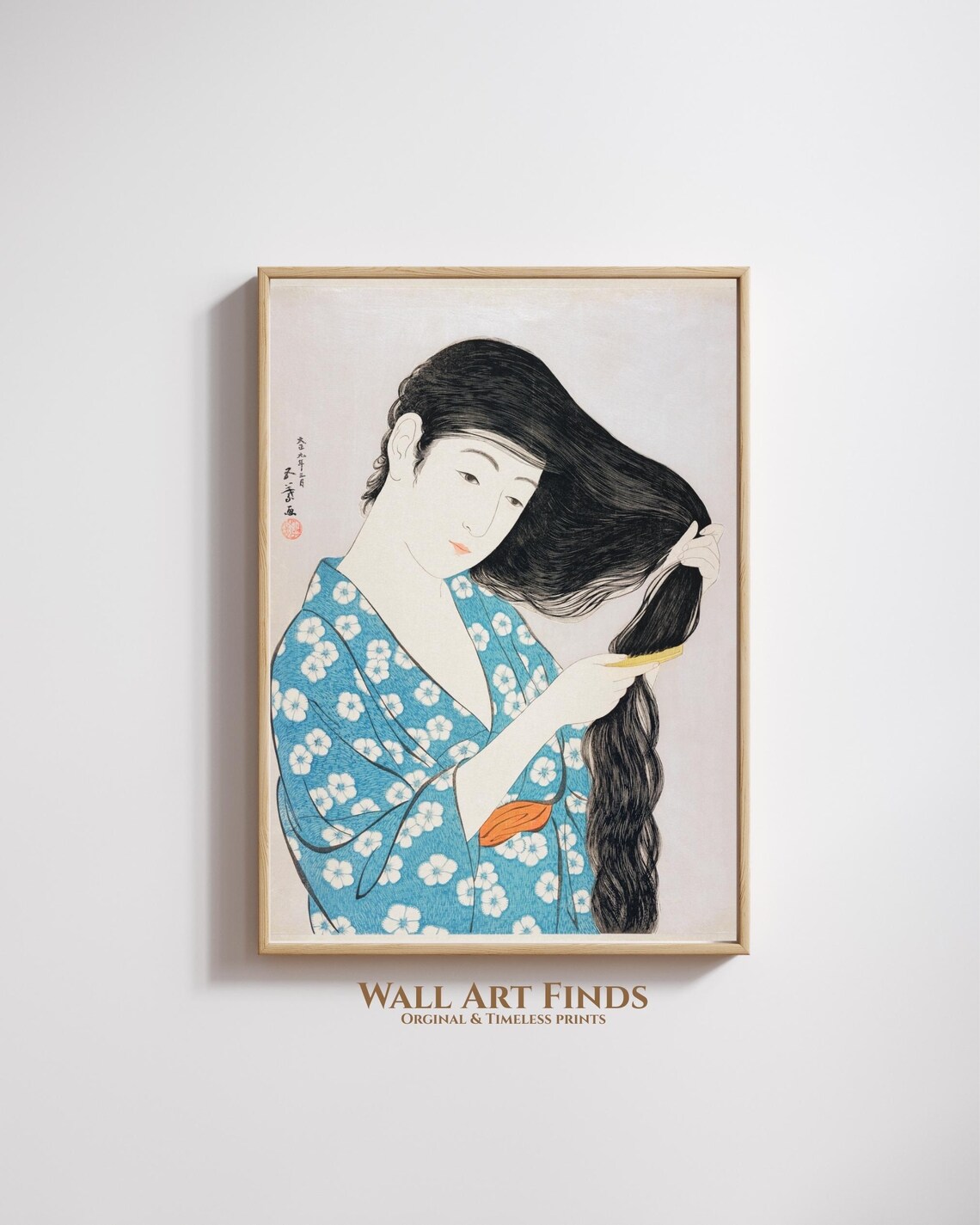 Japanese Woman Combing Long Hair Blue Floral Kimono Art Poster