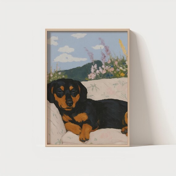 Dachshund Dog Art Print Whimsical Puppy Wall Vintage Pet Illustration Lover Gift 300 Dpi