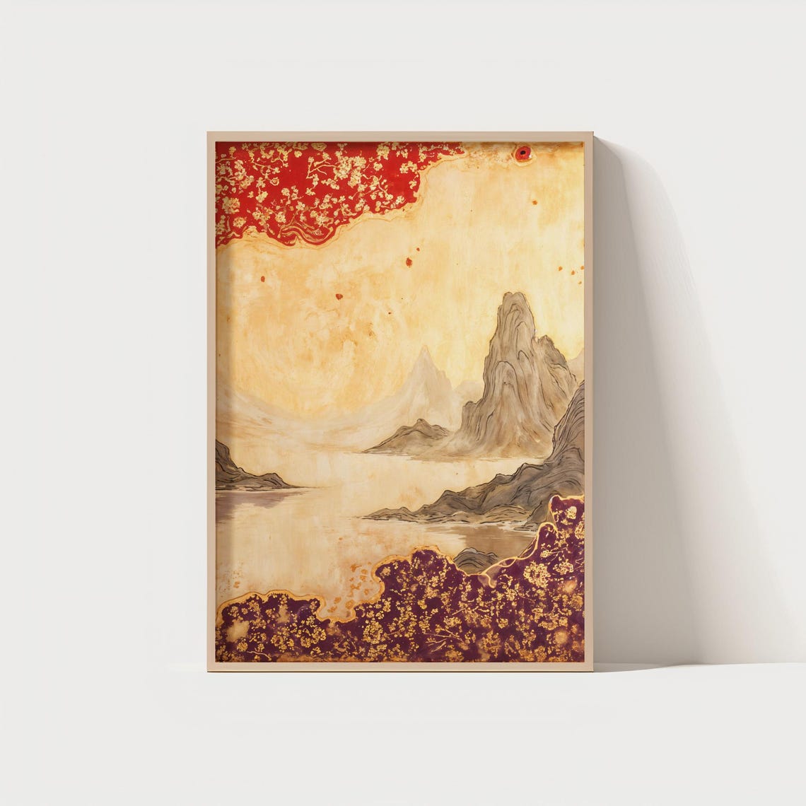 Oriental Misty Mountain Landscape Red Gold Ink Style Art Print