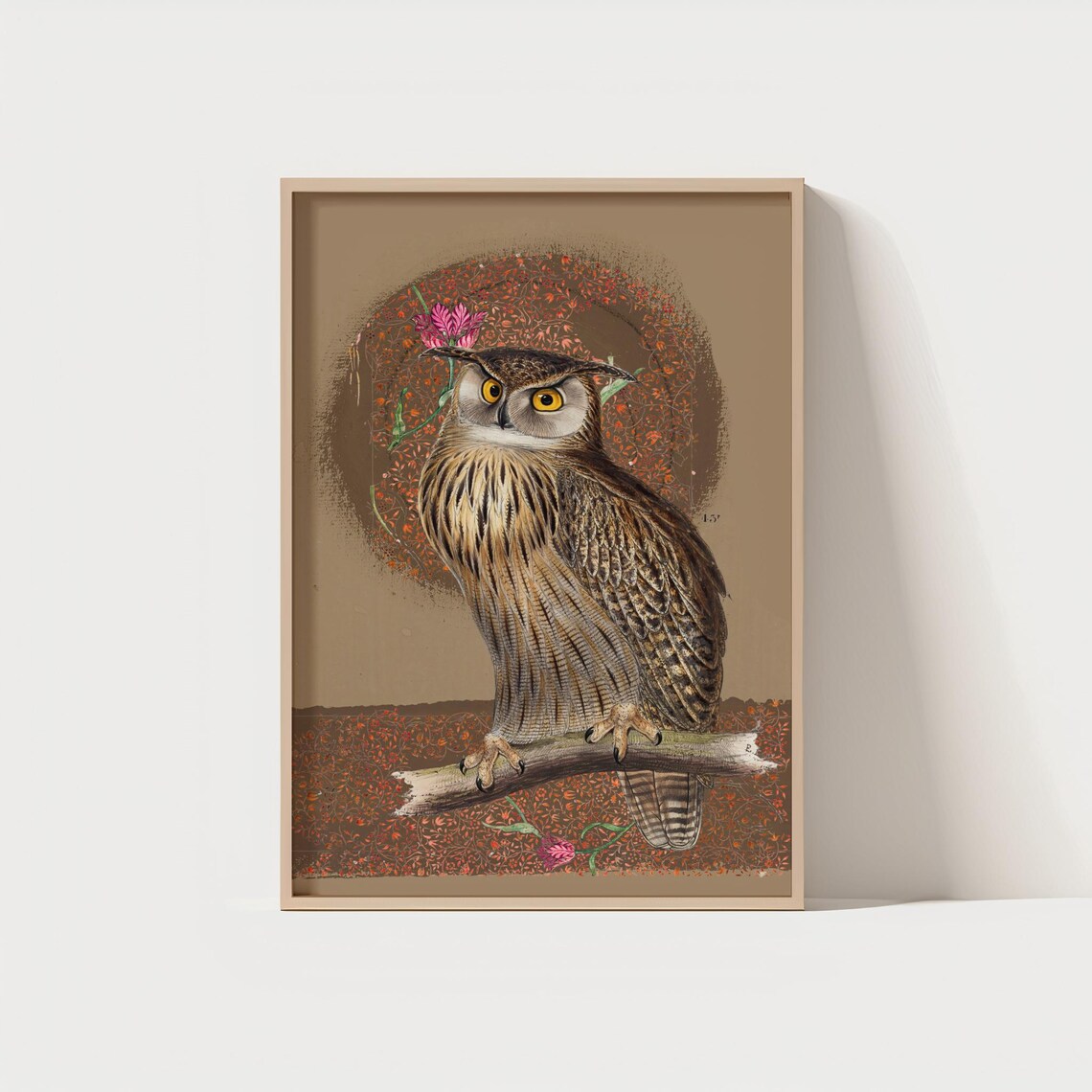 Vintage Oriental Owl Illustration on Brown Floral Bird Art Print