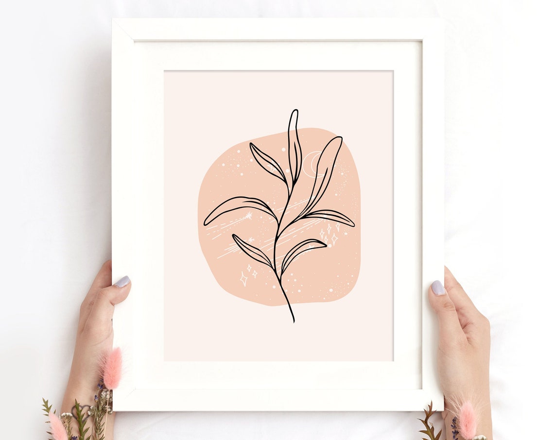 Boho Botanical Leaf Line Art Peach Minimalist Beige Wall Art - Image 2