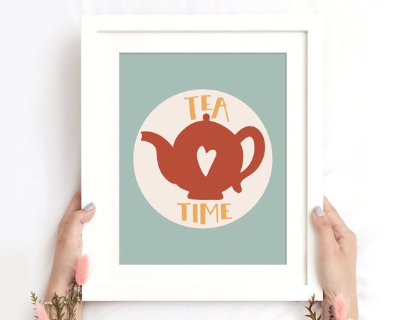 Tea Time Modern Boho Print Red Tea Kettle Wall Art Kitchen Art Cute Modern Print Gift For Tea Lover Instant