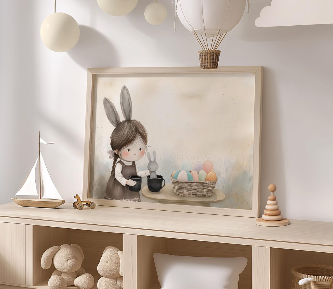 Bunny Girl With Easter Egg Basket Watercolor Spring Nursery Poster - Image 2