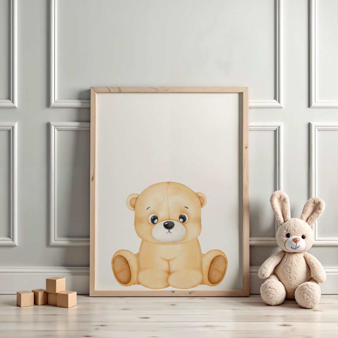 Watercolor Sitting Teddy Bear Cute Neutral Nursery Wall Decor Poster - Image 3