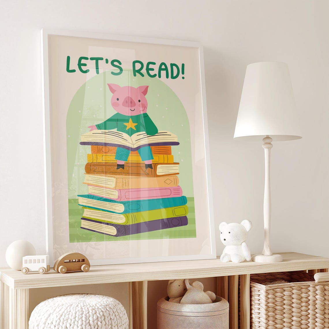 Let's Read Pink Pig Reading On Book Stack Kids Room Art Poster - Image 2