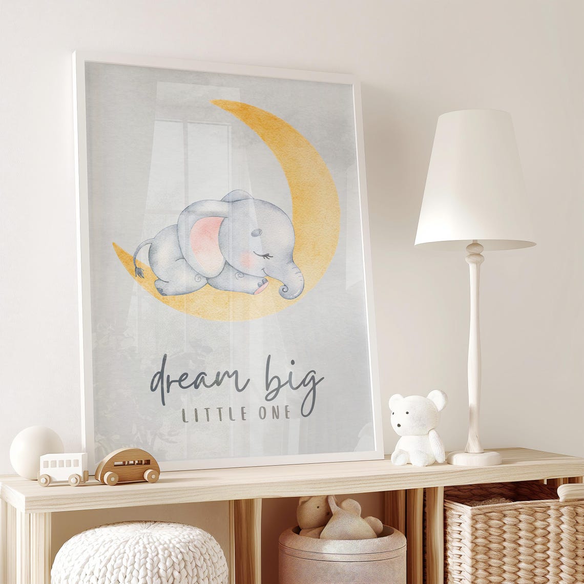 Dream Big Little One Sleeping Elephant Moon Nursery Bedtime Poster - Image 2