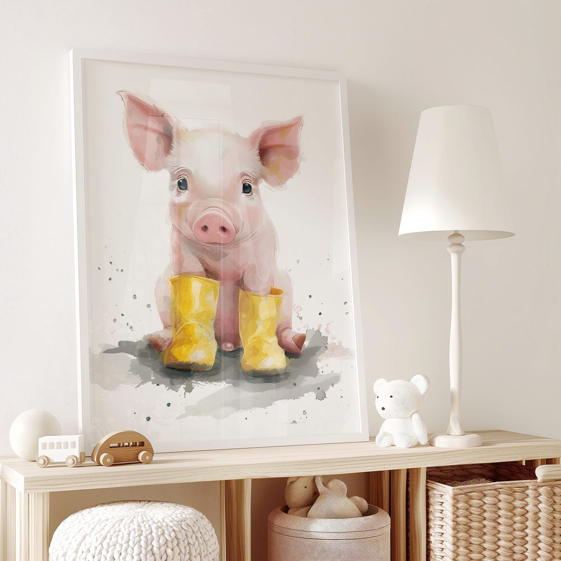 Pink Piglet in Bright Yellow Rain Boots Watercolor Splash Poster - Image 2