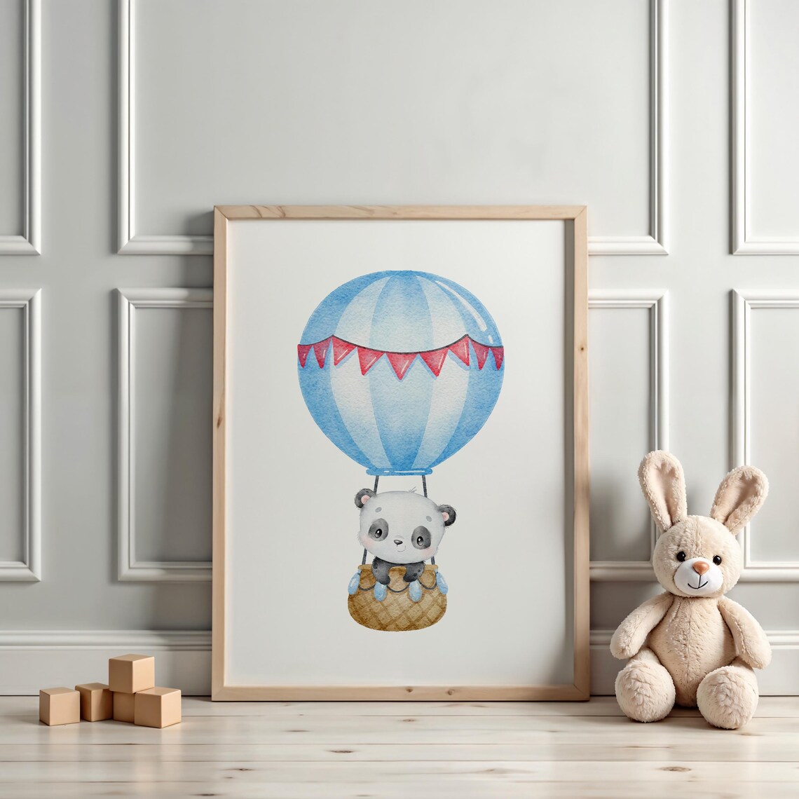 Baby Panda Riding Blue Hot Air Balloon Watercolor Nursery Poster - Image 3