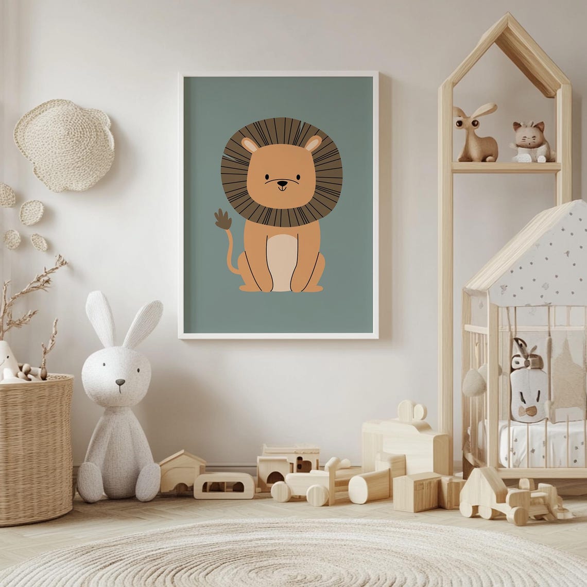 Smiling Cartoon Lion On Sage Green Simple Safari Nursery Poster - Image 4