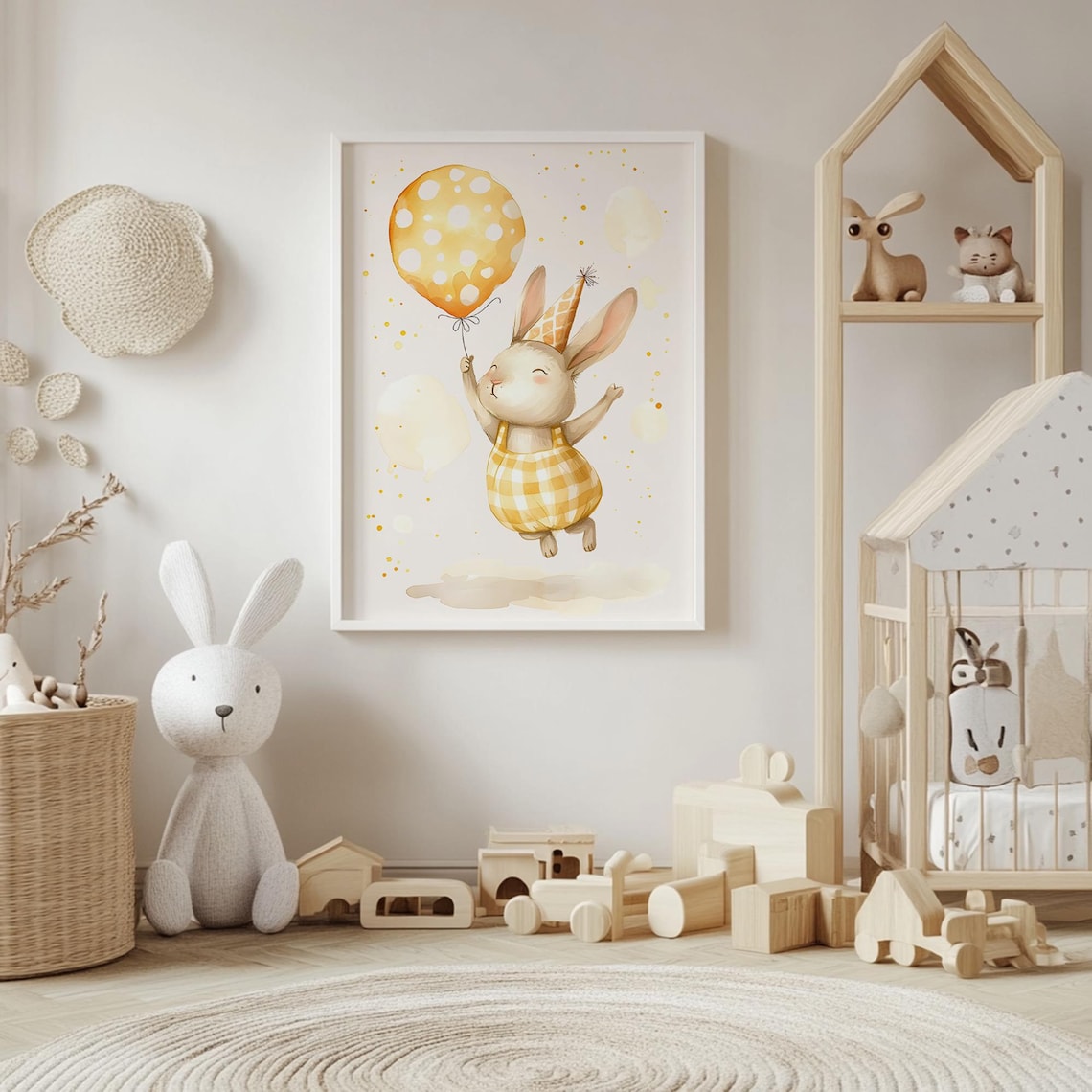 Party Bunny Yellow Gingham Balloon Birthday Watercolor Kids Poster - Image 4