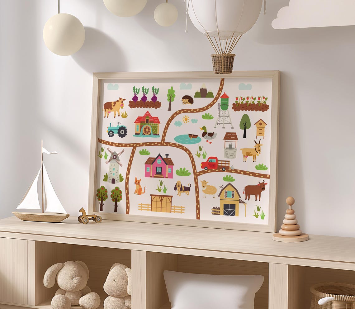 Farm Map With Animals And Tractor Educational Kids Room Wall Poster - Image 2