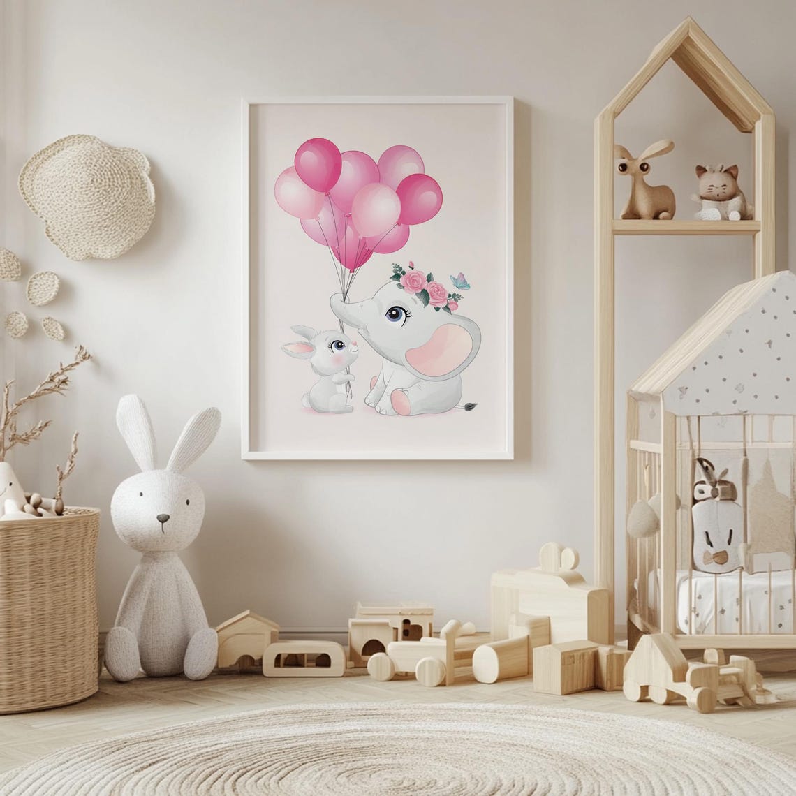Baby Elephant and Bunny Holding Pink Balloons Floral Crown Poster - Image 4